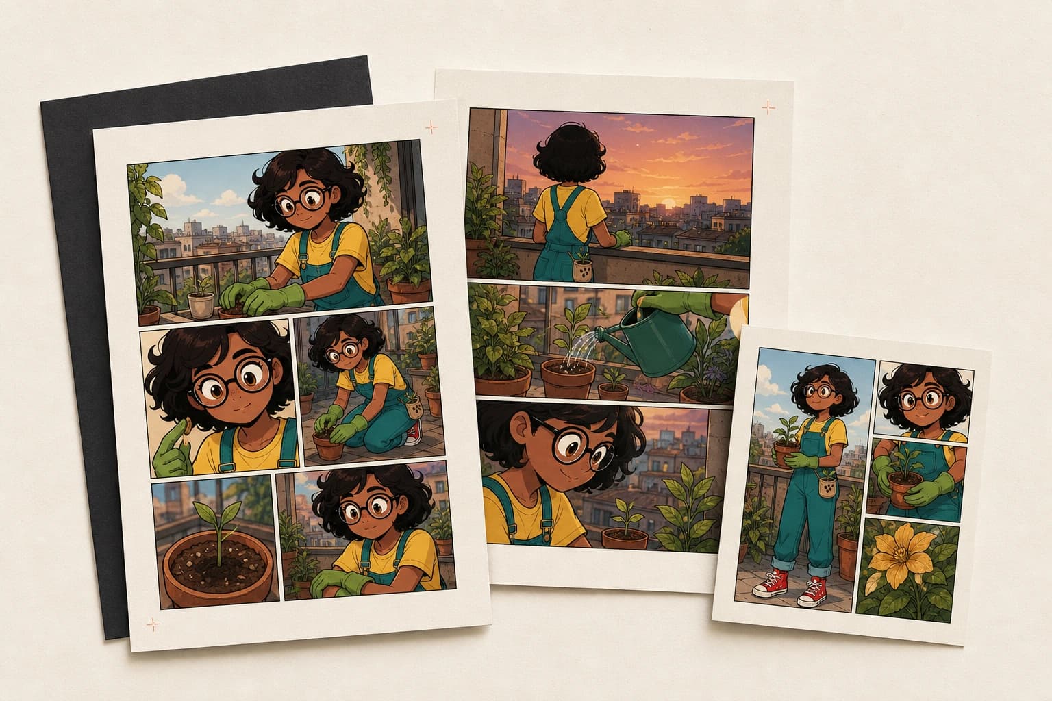 Printed and digital exports of a completed comic